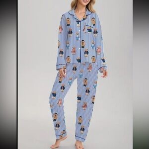 Charming Blue Striped Pajama Set with Bear Print